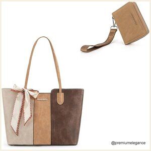 Vegan Leather Tote Bag Set with RFID Wallet, 10 Card Slots